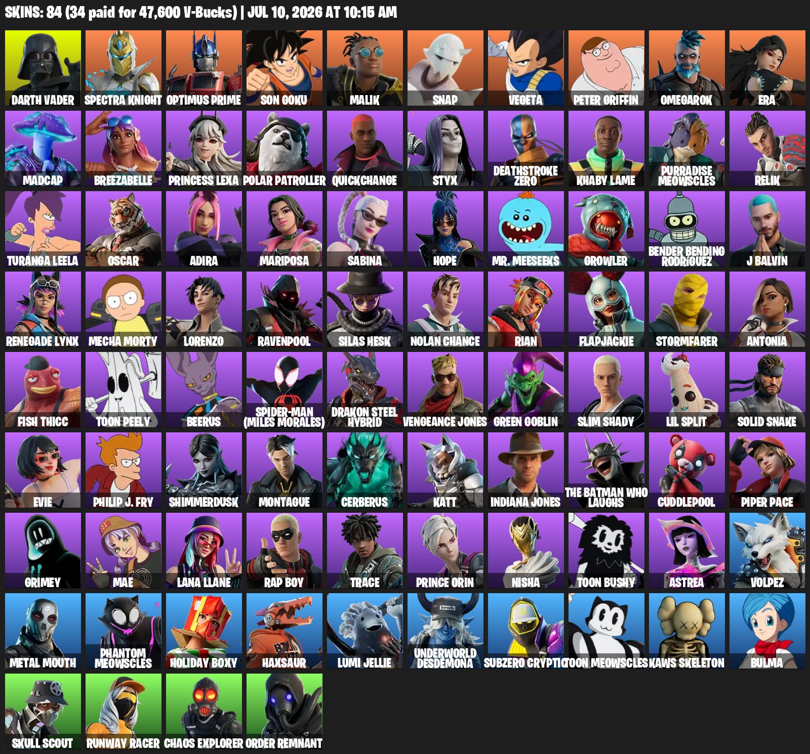 ⭐84 Skins 🍌 1250 VB 🍌 FULL ACCESS 🍌LAUGHING BATMAN 🍌 KAWS 🍌 J BALVIN 🍌 ROLLIE ⭐, Sale, skins 84