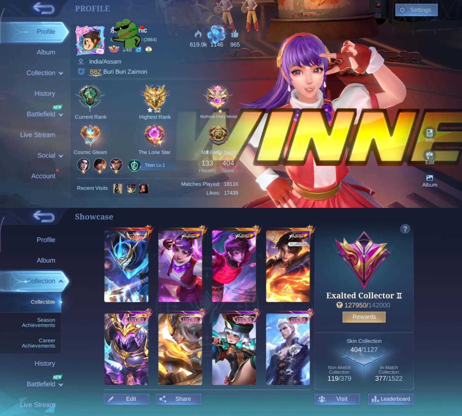 🏆 Guru 2 Account 👑 Gusion Lgnd 🥊 Guinevere 🥊 Dyrrot 🥊 Valir KOF ⚔️ Saber Onimaru 🎰 Alucard Lucky Box, Sale, Rank: Mythic, Level: 148, Winrate: 60%, Heroes: 133, Skins: 404