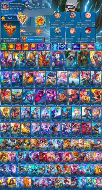 🔥VR 55+🔥Shen Ling, Hayabusa Naruto-11.11-Exo, Goose Coffee, Fanny Aspie, Global Title Cloud🔥MK2, Sale, Rank: Mythical Immortal, Level: 155, Winrate: 60%, Heroes: 133, Skins: 597