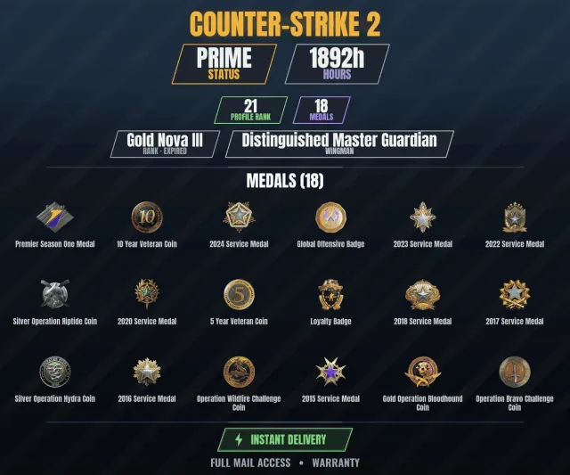 CS2 Prime🎯1800h👑18 medals Gold Bloodhound Operation coin, 10-year veteran coin, Silver, Sale, Inventory empty, PRIME