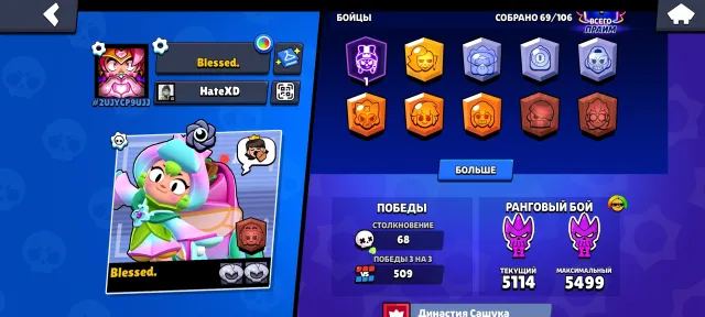 Cheap Region 🔥Account for Ranked🏆, 8000 trophies, 69 brawlers, 1 prime