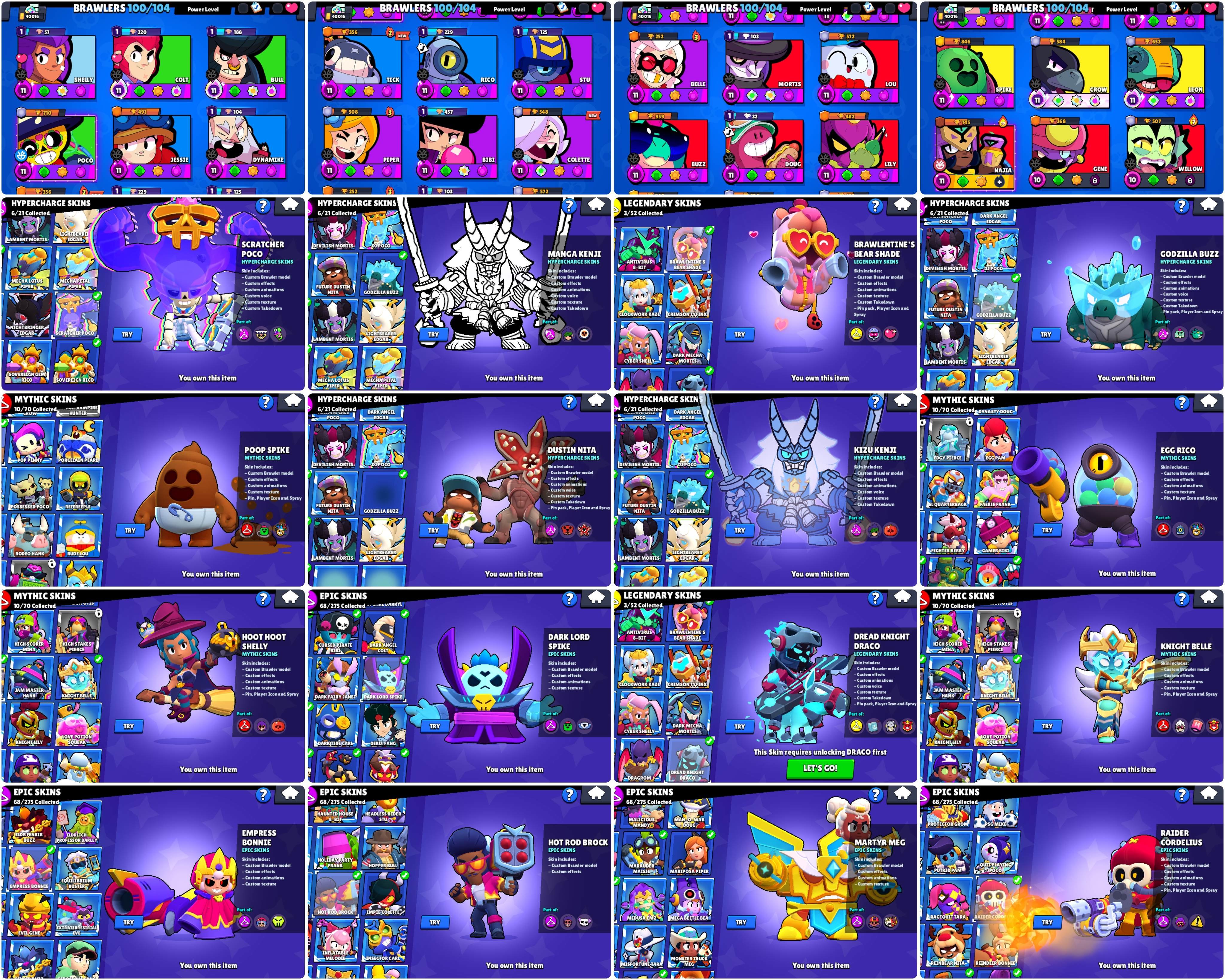 GOOD ACC 40k CUPS + DUSTIN NUTA + KIZU KENJI + 22 MAX POWER + DARK LORD SPIKE + SEE SCREENSHOTS, trophies 40016, brawlers 100, primes 9