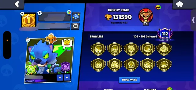 Pro Rank, 10 Prestige 3, Werewolf Leon, Alien fame, 130000 кубков, 105 бравлеров