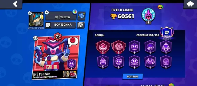 2 brawlers+, a lot of skins and great upgrades, 60561 trophies, 100 brawlers, 27 primes