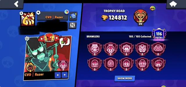 🔥 124.8K+ TROPHIES | 105/105 BRAWLERS | OG 2020 | 2x MATCHERINO PINS | LEGEND 2 🏆, 124812 кубков, 105 бравлеров, 80 праймов