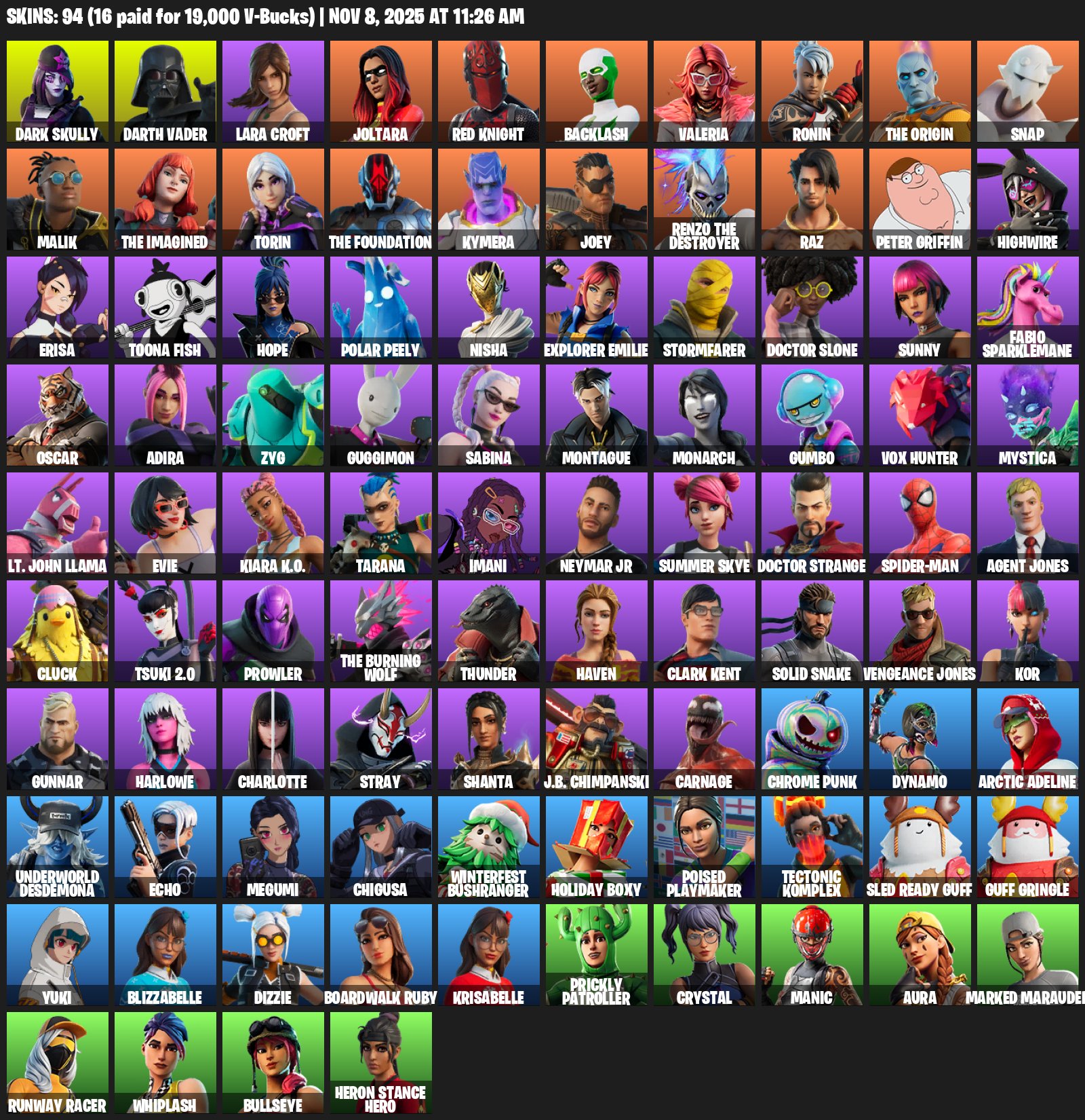 🌸94 SKINS💎Dark Skully💎Lara Croft💎Red Knight💎Joltara💎250 VB💎Off-leagues💎✨ Full access✨, Sale, skins 94