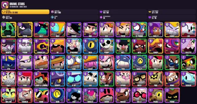 59 brawlers 💎 79 skins 🎯 10 max 💎 21.3K trophies💎Spike💎Volt💎Crow💎Cordelius💎Sandy💎Edgar💎Buzz, 21275 trophies, 59 brawlers
