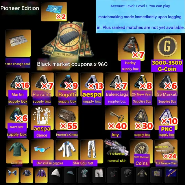 🪙 3000-3500 G-COIN | 🎫 960 КУПОНОВ | 🆔 КАРТА СМЕНЫ НИКА | 👕 СЕТ XINGHUN, Нет BATTLEGROUNDS Plus