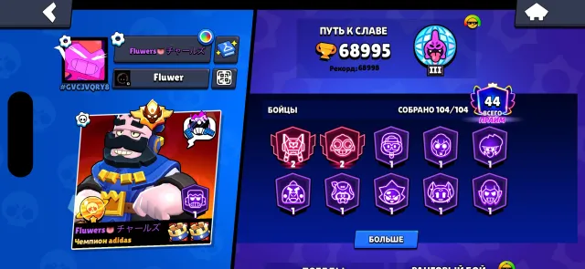 Djxjdjdjdidisismsndbdbdjsksos, trophies 69000, brawlers 104, primes 44