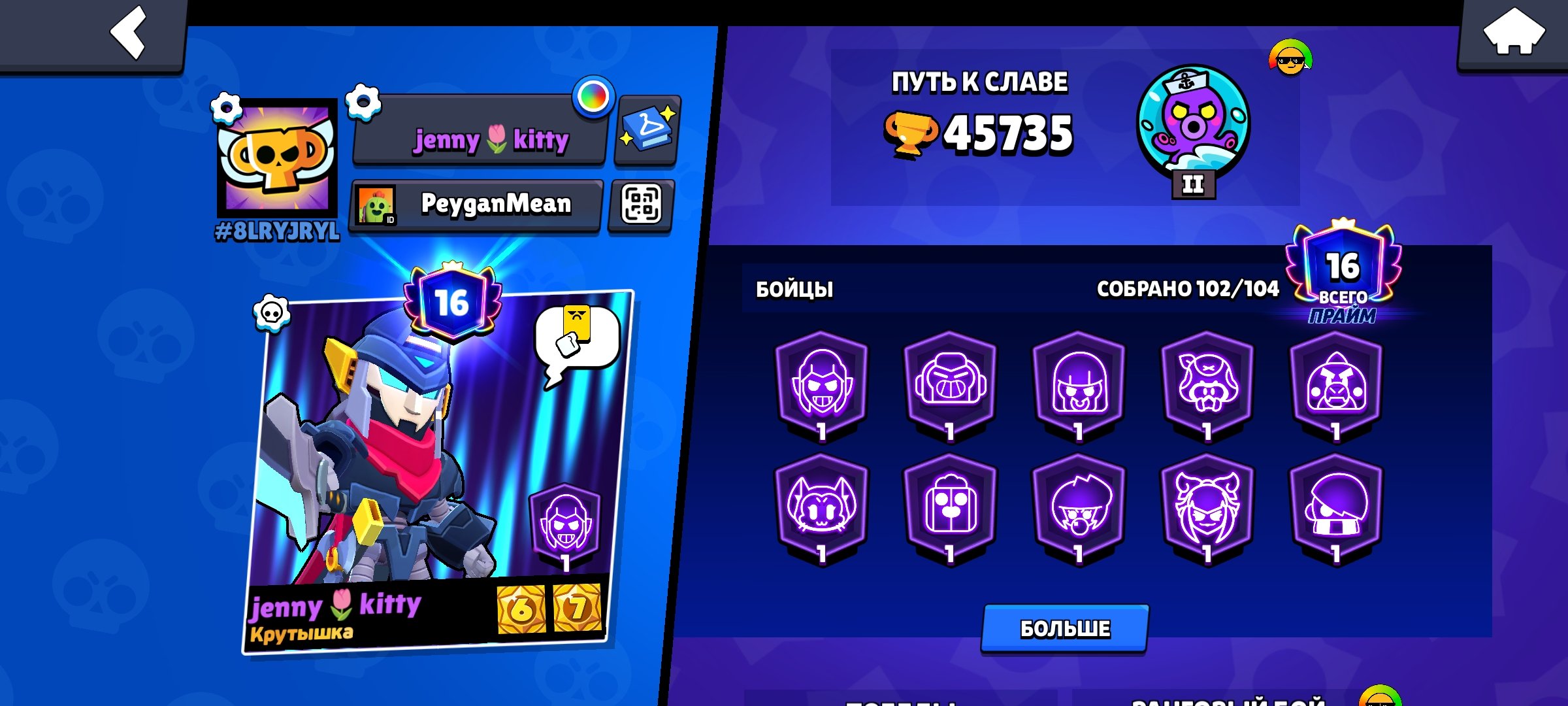🌹old akk 2020 years mnogo skinov i td.🌹, trophies 47000, brawlers 102, primes 16