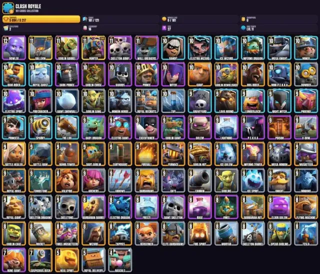 11 King Level 👑 101 Cards 👑 2 EVO CARDS 🏆 1×12 Level 🎮 5×11 Level 👑 25×10 Level 👑 44×9 Level 🎯 21×8 Level 👑, Arena 15, Level 11, 5094 Trophies, 101 Cards, No