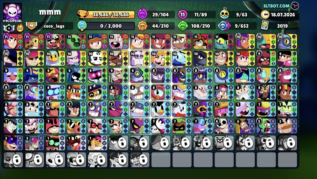 brawl stars account, trophies 36686, brawlers 89, primes 12