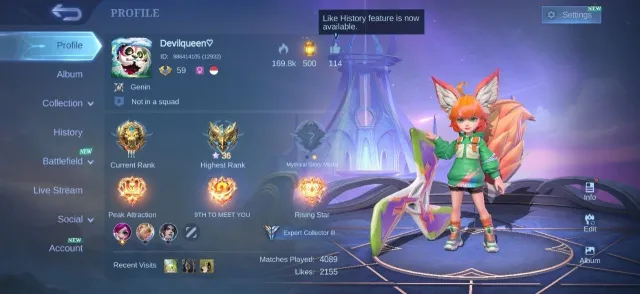 Collector Natalia👑Epic Moskov⚡Lancelot✨Nana🌸Gara Vale💎Pace Fanny🎯Emblem Max🏆, Продажа, Ранг: Легенда, Уровень: 59, Процент побед: 50%, Герои: 110, Облики: 171