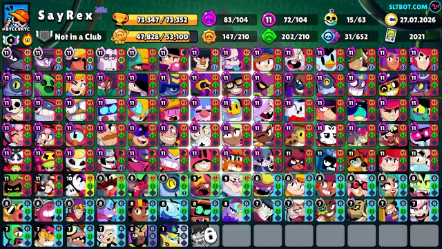 73.1K🏆SPRAY 30 🥷104/104🥷👻330+ SKINS🎃🤑⚓️CORSAIR COLT⚓️🎫3 OLD BP + 7BP +🎫⚔️71/11 LVL⚔️⭐️, trophies 73700, brawlers 104, primes 39