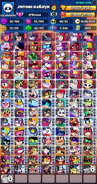 Legends, 50k coins, 3 meteor glory, 2 King Franks, everything else in the video description, 14800 trophies, 105 brawlers, 6 primes