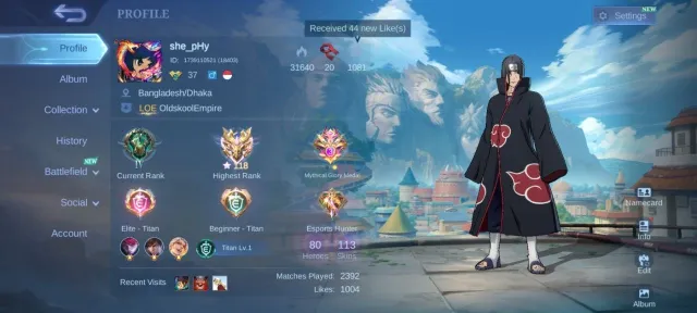 Naruto Itachi Uchiha Julian➤Gaara Vale➤EPIC Valir➤lunox➤Leomord ➤Khufra➤Good Win WOW➤, Продажа, Ранг: Мифический Бессмертный, Уровень: 37, Процент побед: 55%, Герои: 80, Облики: 113
