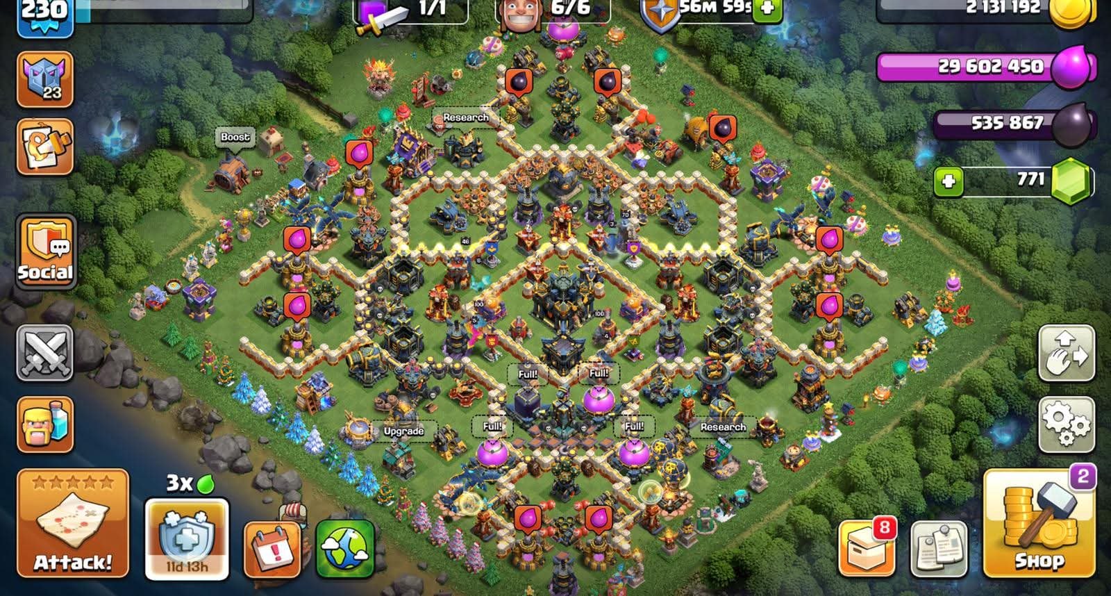TH 17 Black Defence Account | Hero 100-100-70-46 | 10 Epics (3 Max / Almost Max) | NC 1.5K Gems, 17 TH Main Village, 10 TH Builder