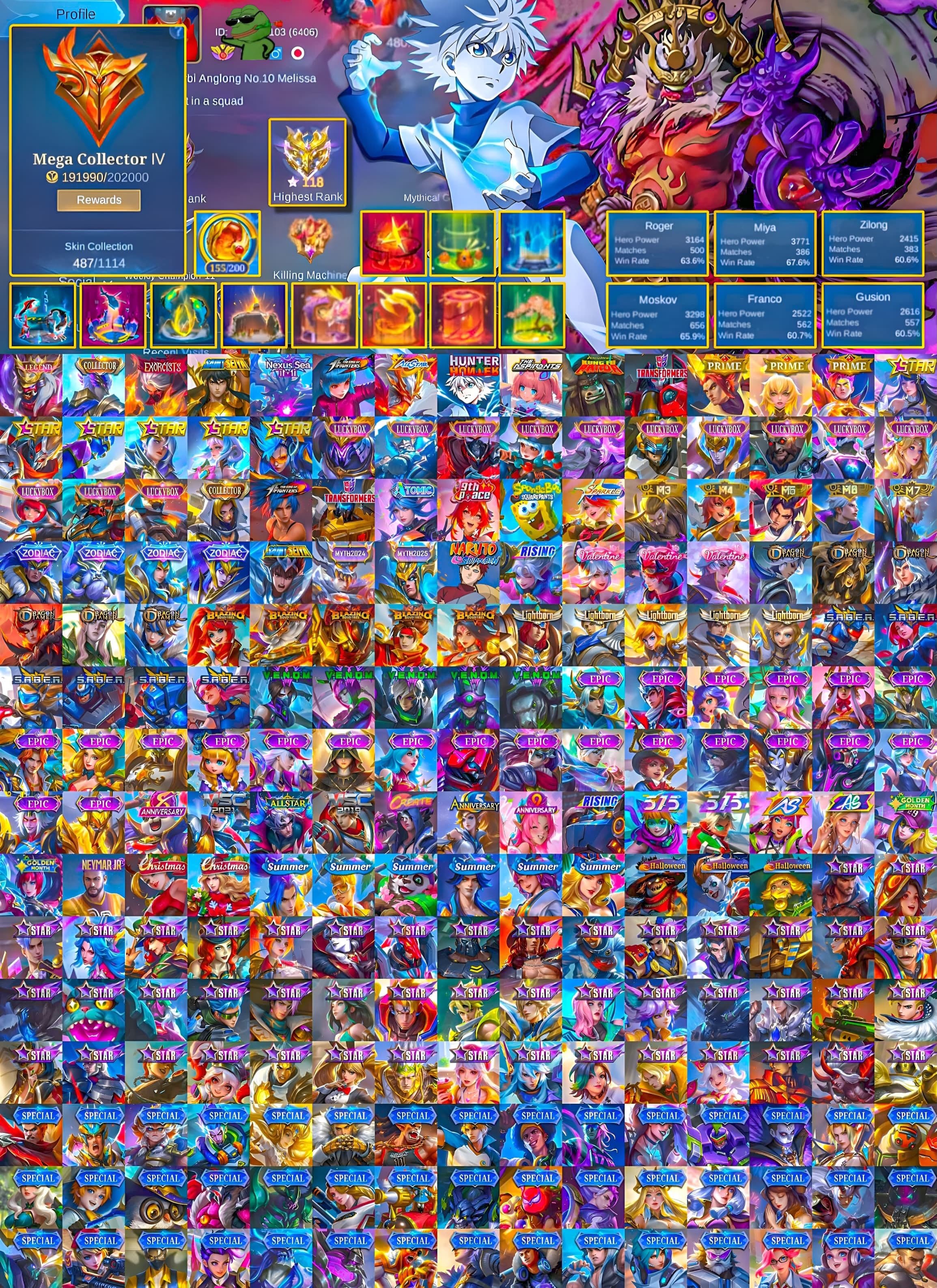 Mega 4 🏆 Franco Lgnd 🏆Haya Exorcist 🏆 Gusion Night Owl 🏆 Thamuz Nexus 🏆 Kai 🏆 Moskov Allstar 🏆, Sale, Rank: Mythical Immortal, Level: 98, Winrate: 60%, Heroes: 133, Skins: 487