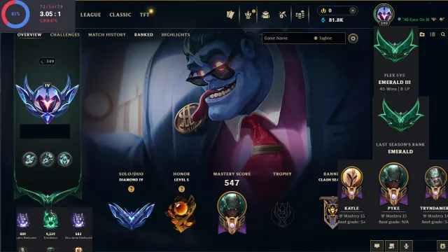 EUNE | LVL 349| Diamond IV Solo/Duo & Emerald Flex | 141 Skins | Honor 5 | 81.8K BE, Продажа, уровень 349, чемпионы 180, скины 155, Алмаз