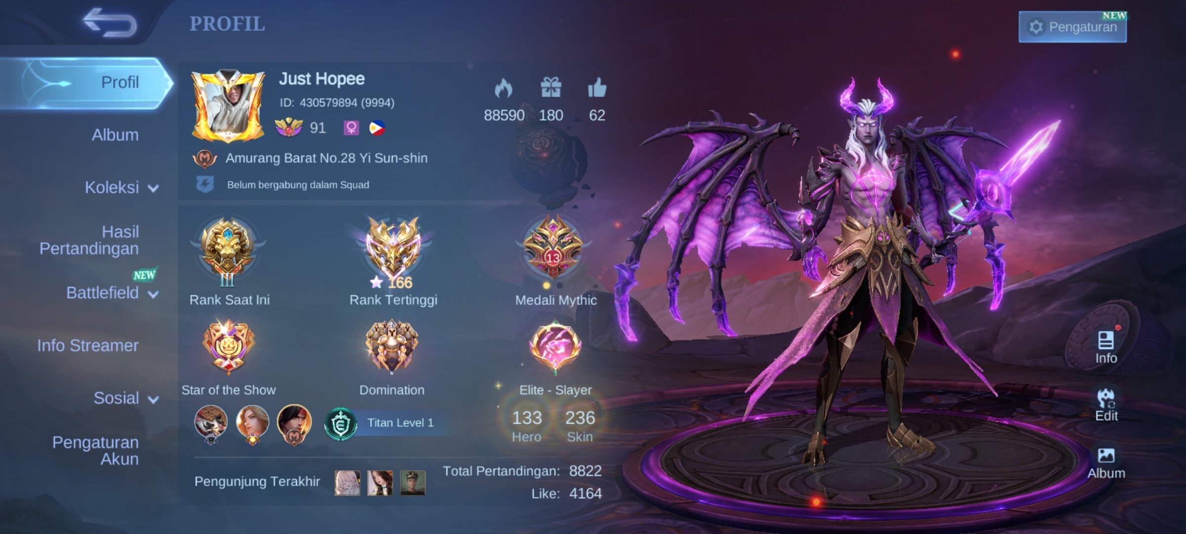 SAFE & CHEAP | EMBLEM MAX, MOSKOV LUCKYBOX,NATALIA COLLECTOR AND 30 EPIC SKIN, Sale, Rank: Legend, Level: 121, Winrate: 51%, Heroes: 133, Skins: 236