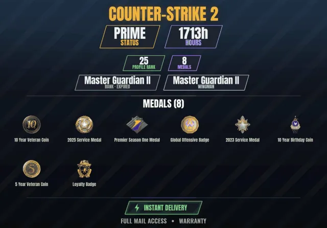 【CS2 Prime✨1700h🏆8 medals】 10 Year Anniversary Coin, 10 Year Veteran Coin, 2023 Service Medal, Sale, With Inventory, Has PRIME