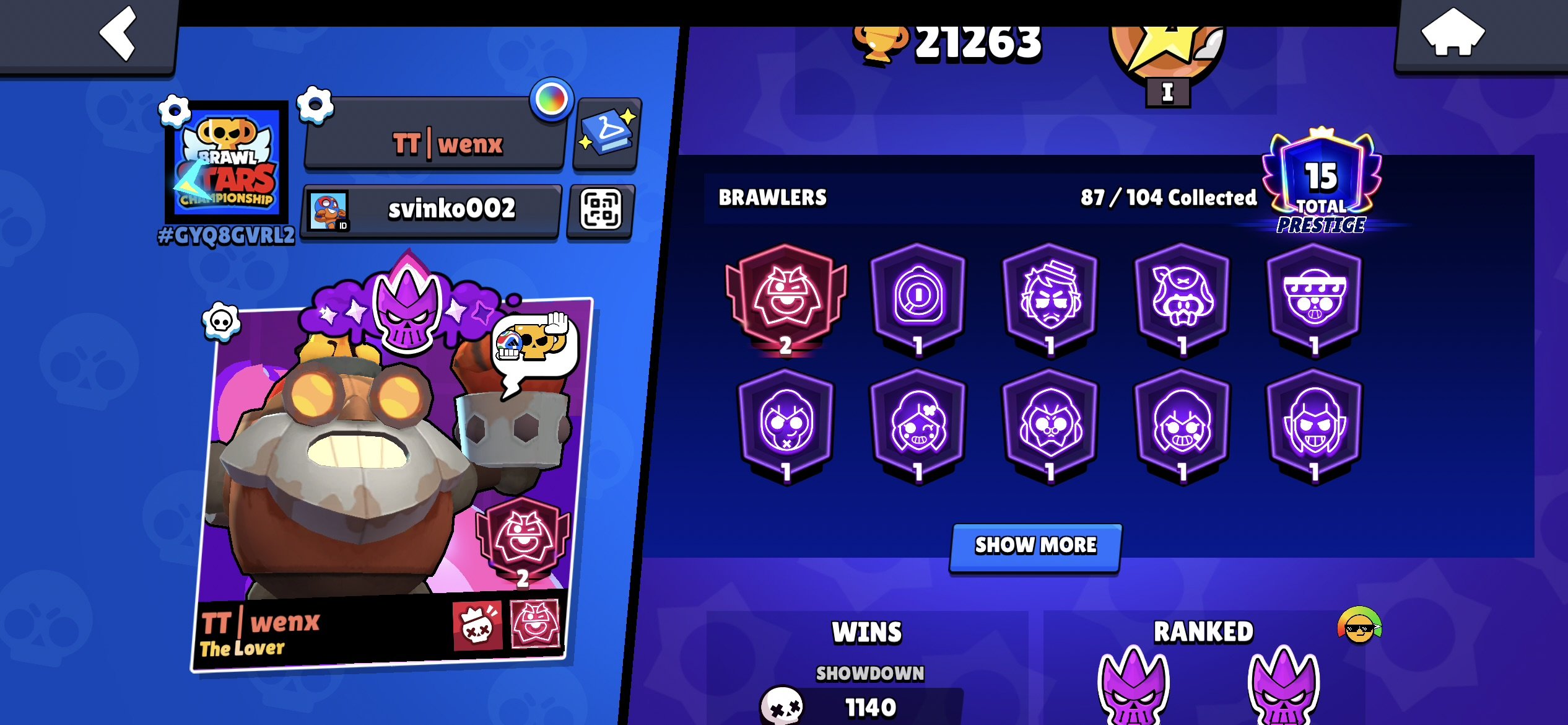 There are mech skins and many other cool skins in League of Almost Mythic 2., trophies 21263, brawlers 87, primes 15