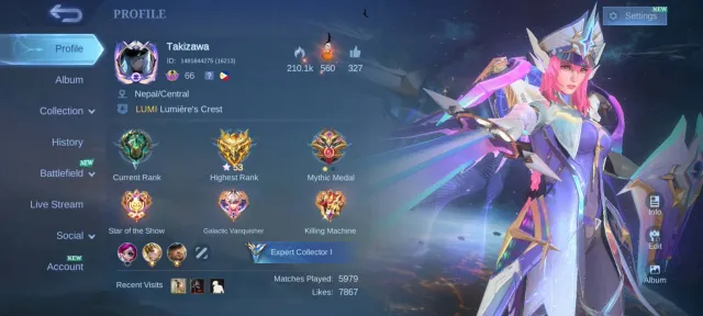 Experience laner, Legend Freya, Prime Yu Zhong, Collector Dyroth & Natalia, Zodiac Martis, Продажа, Ранг: Мифический, Уровень: 66, Процент побед: 52%, Герои: 131, Облики: 160