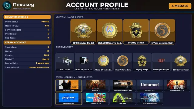 🚀 ⟦ CS2 PRIME ⟧ +4 RARE MEDALS: SERVICE 2018 · GO ✦ 2014 ✦ +1 GAME ✦ FULL ACCESS ✨ #47LU2P, Sale, With inventory, Has PRIME