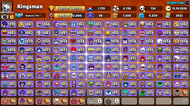 🏆103K🏆Cheap Region⭐️98PRIMES🟡62K Coins🟡💎272 Crystals💎✨34K BLINGS, 103713 trophies, 104 brawlers, 98 primes