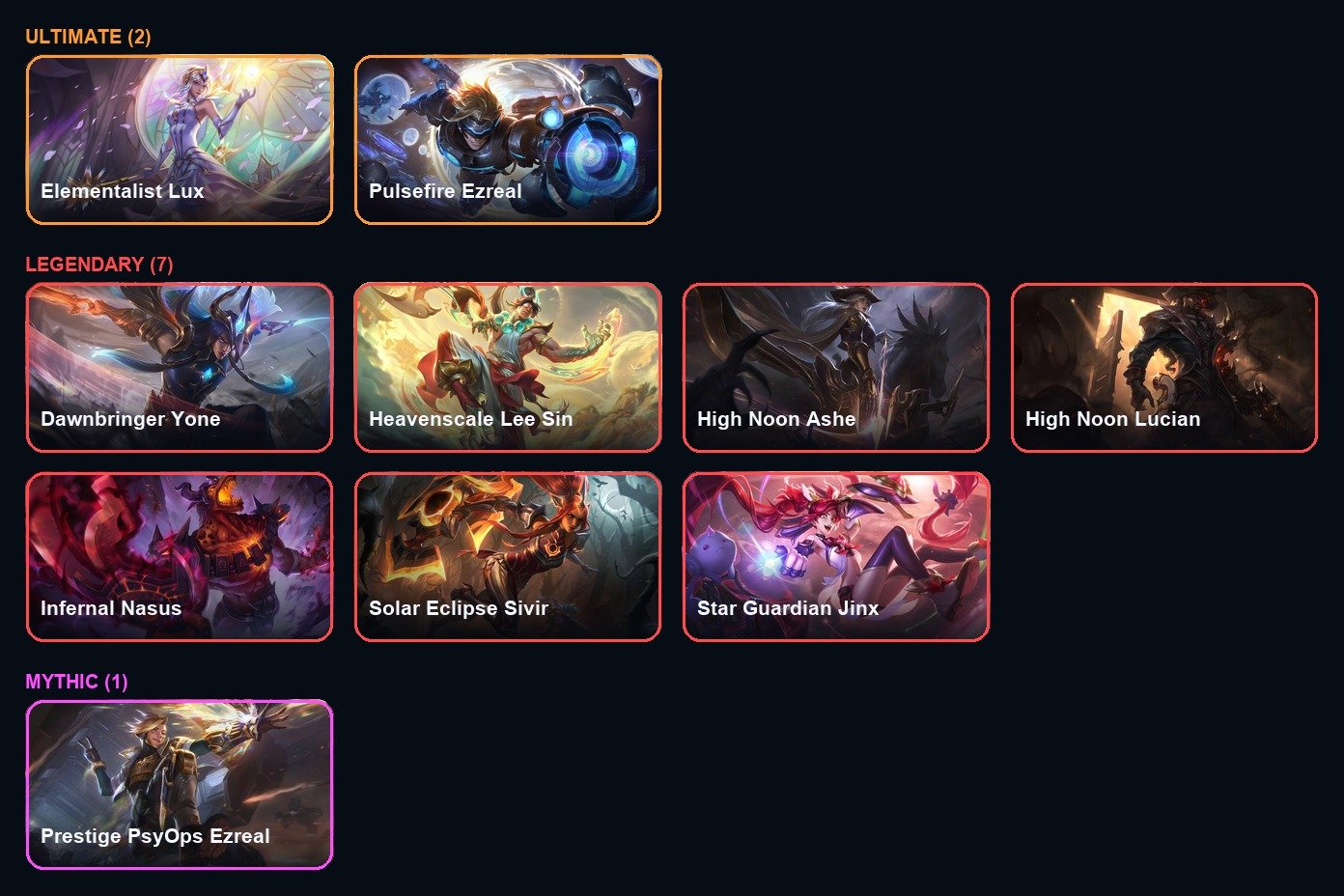 【 Elementalist Lux / Pulsefire Ezreal 】 【 Annie-Versary / Ann-Sivir-Sary / Prestige Psyops Ezreal 】, Sale, level 156, champions 134, skins 67, Platinum
