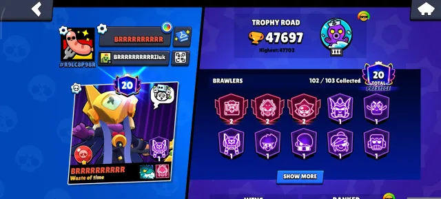 Good brawl stars account, trophies 47697, brawlers 102, primes 20