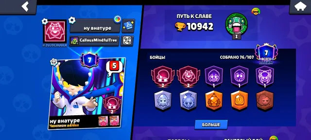 Brawl Stars account, 10942 trophies, 76 brawlers, 7 primes