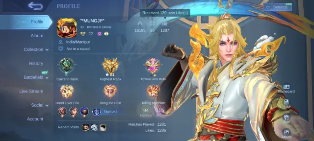 Prime Granger, Collector Xavier, Hayabusa Lucky Box, SpongeBob, Christmas, Star Map, Global 🔥, Sale, Rank: Mythical Glory, Level: 52, Win Rate: 54%, Heroes: 94, Skins: 105