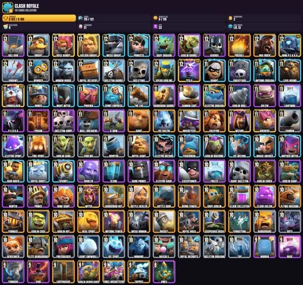 13 King Level ✨ 115 Cards 🏆 8 EVO CARDS 🎮 2×13 Level ✨ 18×12 Level ✨ 34×11 Level 🎯 52×10 Level ✨ 8×9 Level ✨, Arena 17, Level 13, 6102 Trophies, 115 Cards, No