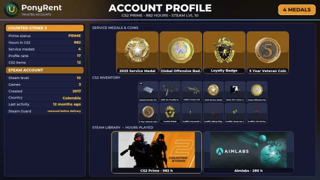 🦄 【CS2 PRIME】 🌸 +4 RARE MEDALS: SERVICE 2025 · GO · LOYALTY 🌸 2017 | FULL ACCESS #4EMVL0, Sale, With inventory, Has PRIME