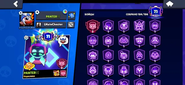 A lot of donated skins, most characters maxed out, selling due to unnecessity, 75000 trophies, 103 brawlers, 71 primes