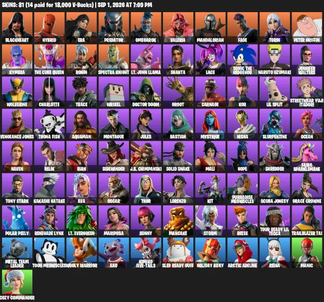 ✅AUTOMATISCHE ABGABE!!! 81 Skins l 48 Item Shop l Tony Stark l Thor l Naruto Uzumaki l Kor✅, Verkauf, Skins 81