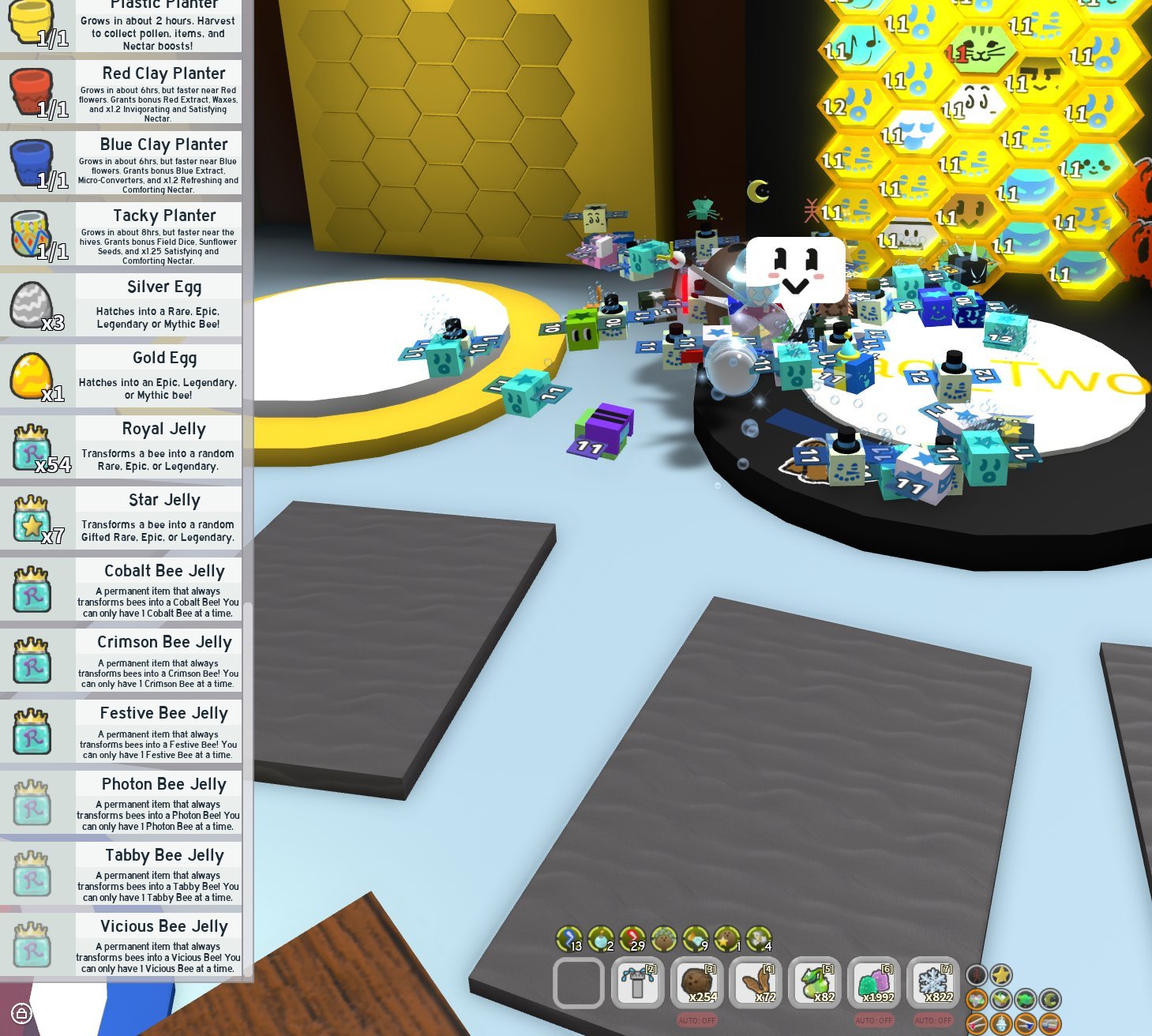 An account with 44 bees, 11 hives, Frosty Meta (Blue Hive), and a petal belt., Sale, Voice chat: No