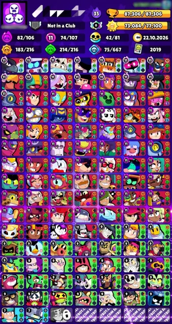 🎫3 OLD BP🎫MALEFICENT🎀REBELLION🌺RONIN🐶105 11-9 POWER⚡LEGEND 2024/2025🎴42 BUFFY🐣350 SKINS🦑SUNNY 2☀️, 87000 trophies, 107 brawlers, 44 primes