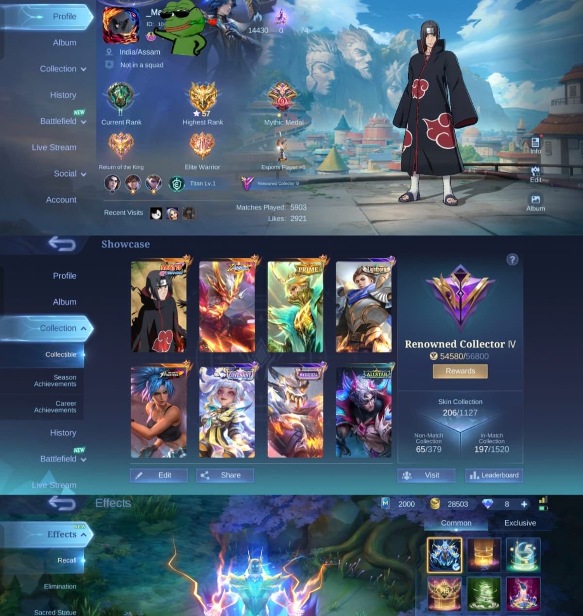 🍥 Julian Itachi ⭐ Moskov All-Star 👑 Granger Prime 🐉 Yu Zhong All-Star 🎀 Cici Convinent 🥊 Karina KOF, Sale, Rank: Mythic, Level: 65, Winrate: 55%, Heroes: 105, Skins: 206