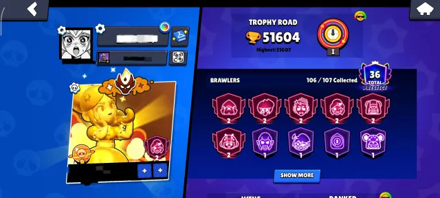 🔥 7 R35 🏆 MASTER 2024 & 2025 ⚜️ 2 OLD PRESTIGE 🏅, 51604 trophies, 106 brawlers, 36 primes