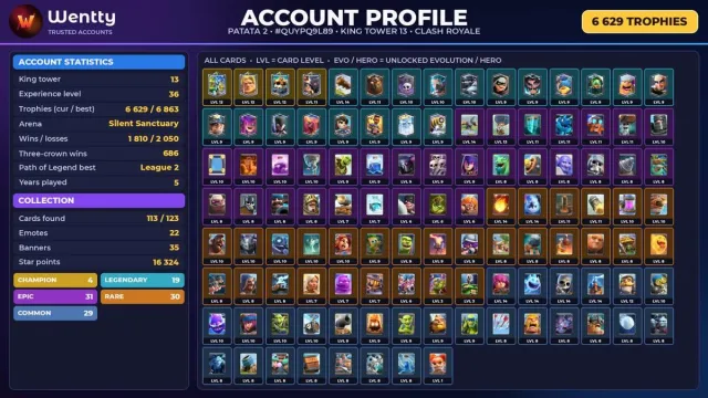 🔥 [CLASH ROYALE] 0 EVO — 4 CHAMP. | 22 EMOJIS | 6,629 🏆 | KING 13 #3DC6LN, Arena 18, Level 36, 6629 trophies, 113 cards, 19 leg, No