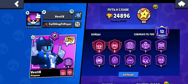 🏆24K🏆💪9x 11 POWER💪👑73 BRAWLERS👑👕93 SKINS👕🔥12 PRIMES🔥, 24896 trophies, 73 brawlers, 12 primes