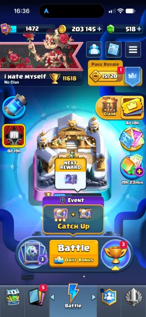 🏆11618🏆💟1472 LVL💟❤️🔥500 GEMS❤️🔥💟2 YEARS💟DECK 14-16LVL💟, 28 arena, 1472 level, 11618 trophies, 123 cards, 21 leg, No