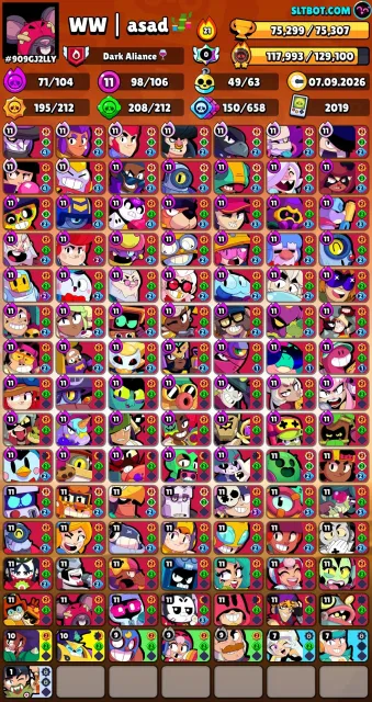 【✅PERSONAL ACCOUNT 2019】75k 🏆 🔴98 POWER 11🔴68 HYPER🔴446 SKINS🎫220 BP🔴full bk lega🔴+CoC(TH15 almost full)🔴, 75000 trophies, 106 brawlers, 38 primes