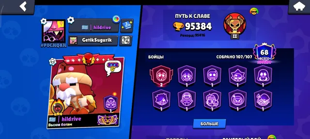 old account with many old skins, 95384 trophies, 107 brawlers, 68 primes