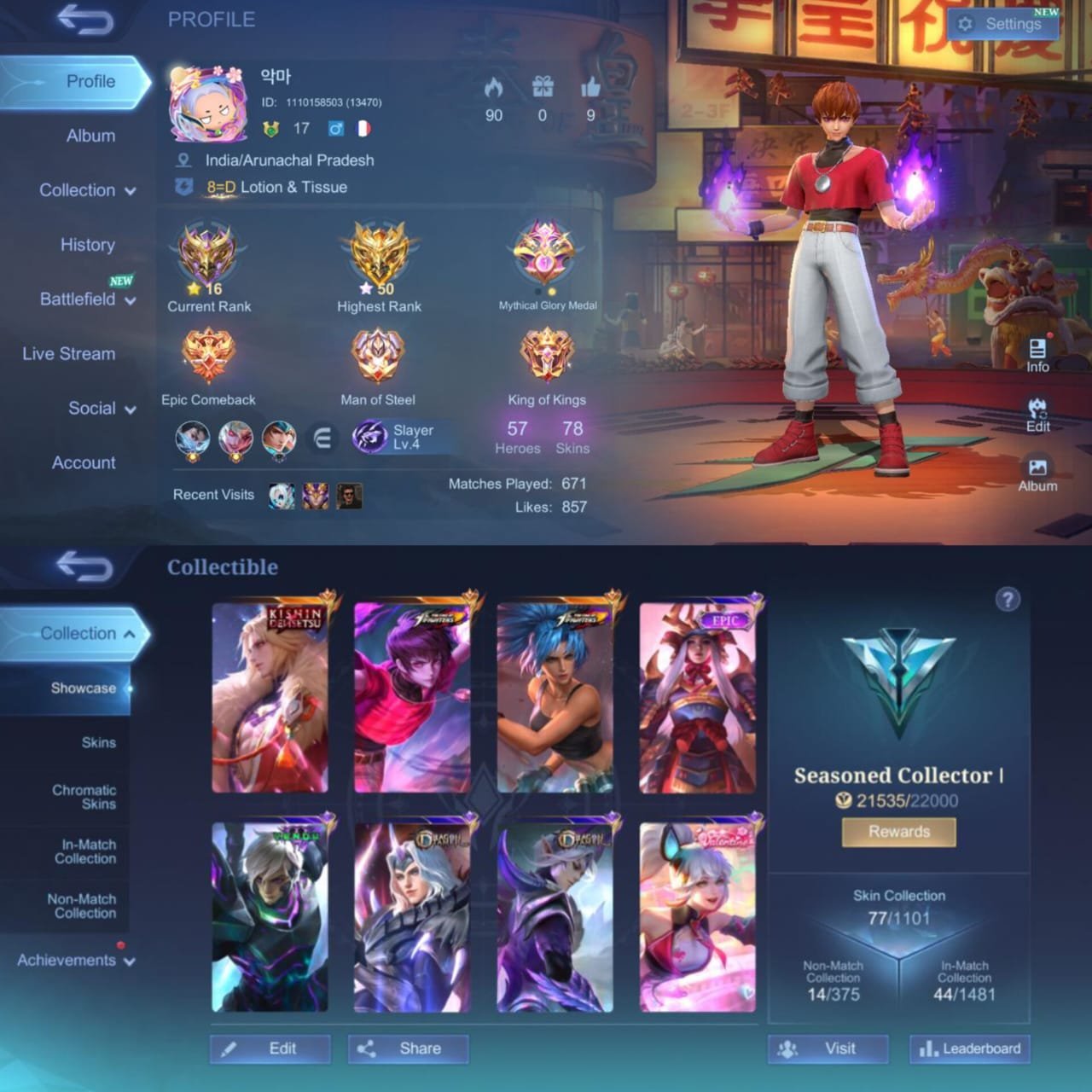 🍇Kishin Lancelot, Kof Darius, Valentine Fanny🍇, Sale, Rank: Epic, Level: 48, Winrate: 64%, Heroes: 60, Skins: 78