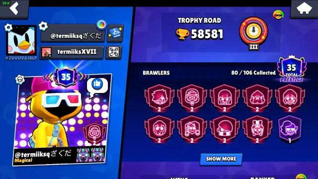 GORGEOUS ACCOUNT FOR SALE!, 58581 trophies, 80 brawlers, 35 primes
