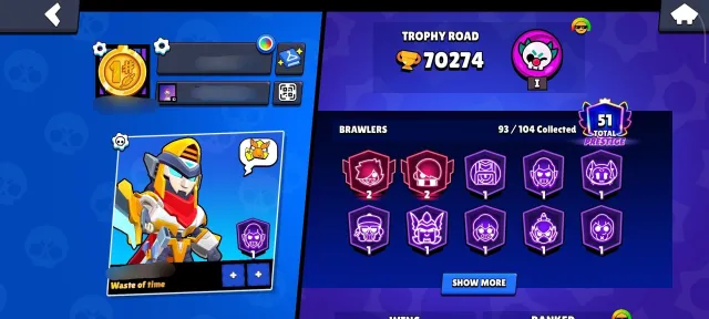 23-year-old account, 70k trophies, Brawl Pass Season 1 purchased, 24 brawlers with Power 11., trophies 70264, brawlers 93, primes 51