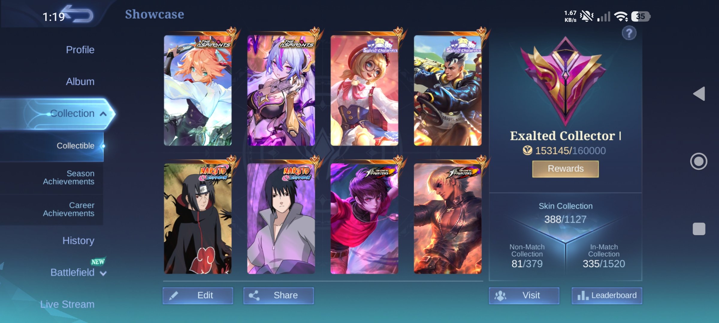 🔥 388 SKINS|FULL MAX EMBLEMS (LVL 60)|ITACHI, SASUKE, LEVI |191/200 MAGIC WHEEL |ORIGINAL EMAIL, Sale, Rank: Mythic, Level: 64, Winrate: 53%, Heroes: 132, Skins: 388